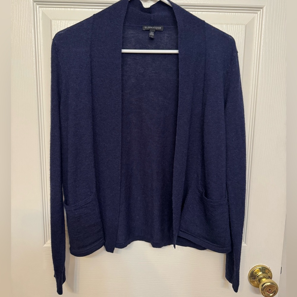 Eileen Fisher Navy Open Cardigan with Shawl Collar Trim | Size S